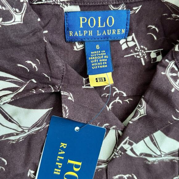 NWT Polo Ralph Lauren Boys Size 6 Brown Nautical Print Short-Sleeve Button Shirt - Picture 2 of 4